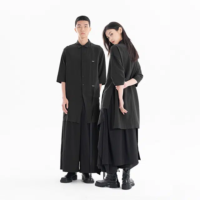 幻象者 原创设计垂感中长款纯色五分短袖衬衫 男女同款