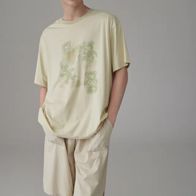 同语 夏季睡衣凉感棉短袖套装可爱可外穿男士宽松夏天家居服 家居套装 男款 柔雾菊白•米杏