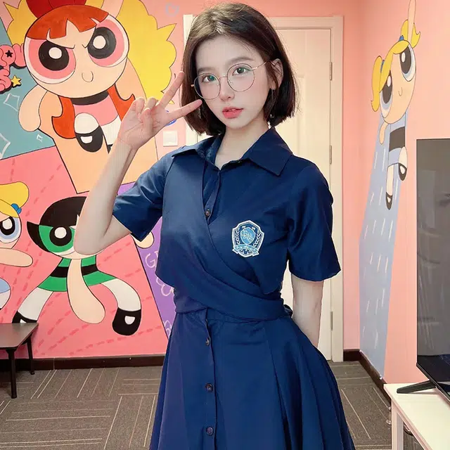蝴蝶结绑带露腰纯色短袖不规则短袖连衣裙 女款 藏蓝色