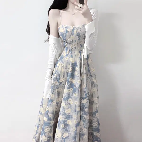 花蔓色 法式油画碎花方领拉链长款中腰吊带无袖连衣裙 女款