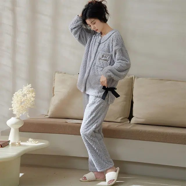 小情歌 珊瑚绒睡衣  冬季 加绒加厚保暖御寒家居服 女款  灰蓝色