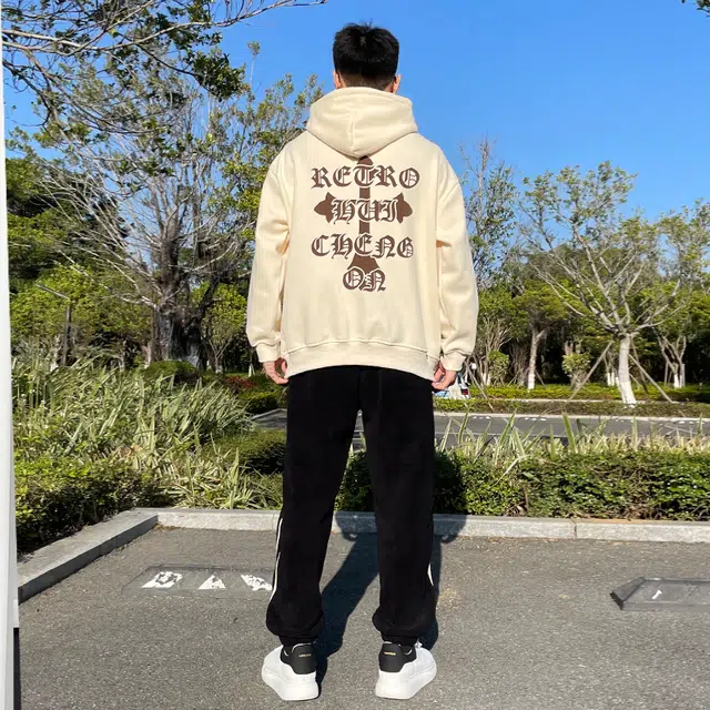 绘承 发泡十字背景印花宽松休闲连帽套头长袖卫衣 男女同款 黑色