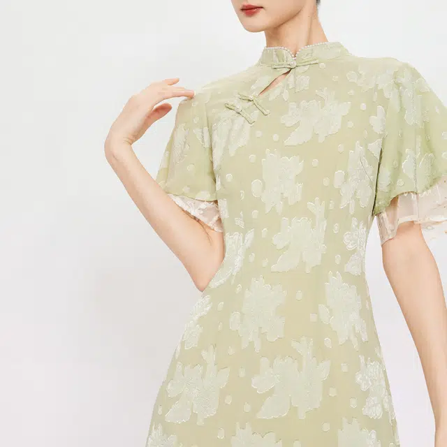 槿爷东方 假两件剪花纹样短袖旗袍 女款 桑绿色