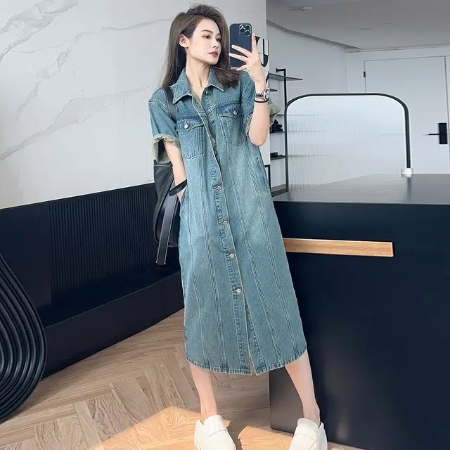 美洋 淘古少女牛仔裙 休闲减龄复古直筒短袖衬衫连衣裙