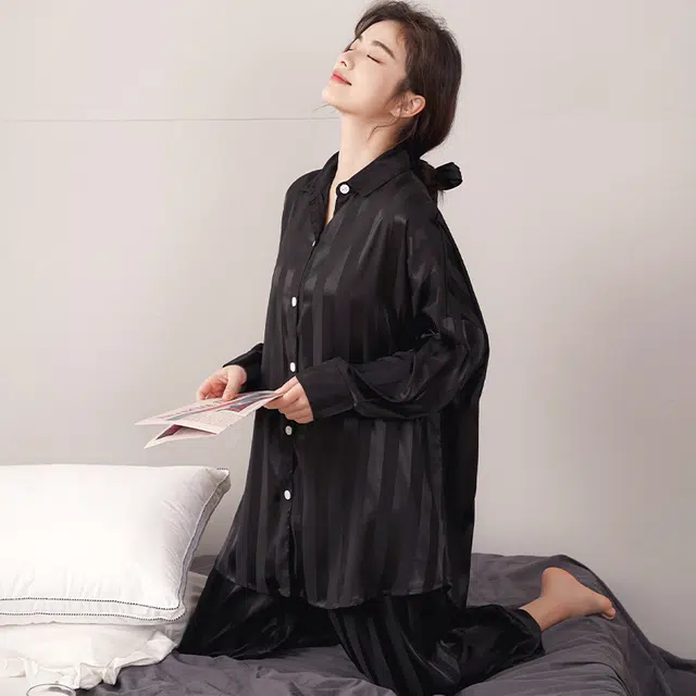 美腾 冰丝条纹长袖韩版宽松长裤两件家居服睡衣套装 春秋季 女款 黑色 礼盒款