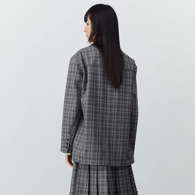 太平鸟女装 格纹印花单排扣宽松西装 女款 灰色