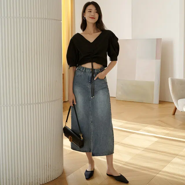 美洋 深海珊瑚高腰长款前开叉直筒半身牛仔长裙 女款 复古色