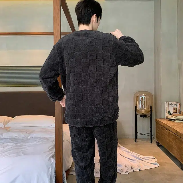 兰缪 加厚保暖简约长袖长裤家居服睡衣套装 男款 深灰色