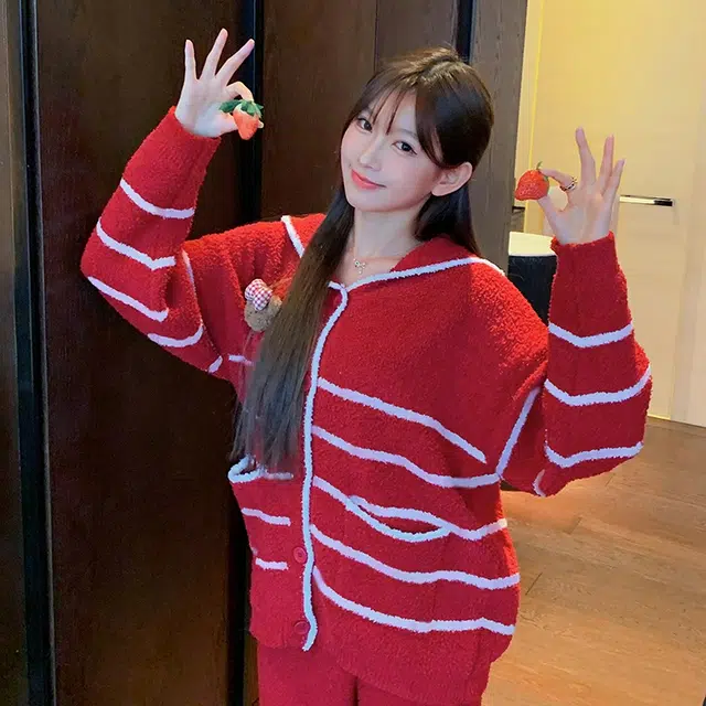 夏芬妍 简约甜美柔软亲肤条纹小熊海军领开衫半边绒家居服加绒加厚蓄温保暖长袖长裤可外穿秋冬款睡衣套装 女款 红色