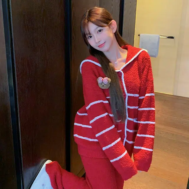 夏芬妍 简约甜美柔软亲肤条纹小熊海军领开衫半边绒家居服加绒加厚蓄温保暖长袖长裤可外穿秋冬款睡衣套装 女款 红色