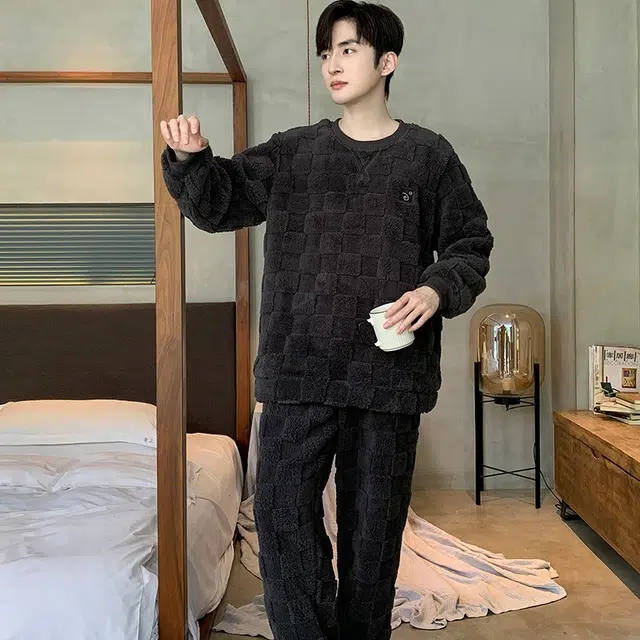 兰缪 加厚保暖简约长袖长裤家居服睡衣套装 男款 深灰色