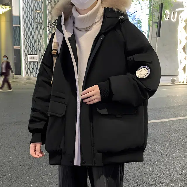 鸭鸭 青少年基础款大口袋设计感户外运动保暖抗寒工装风宽松休闲百搭舒适柔软连帽羽绒服 男女同款
