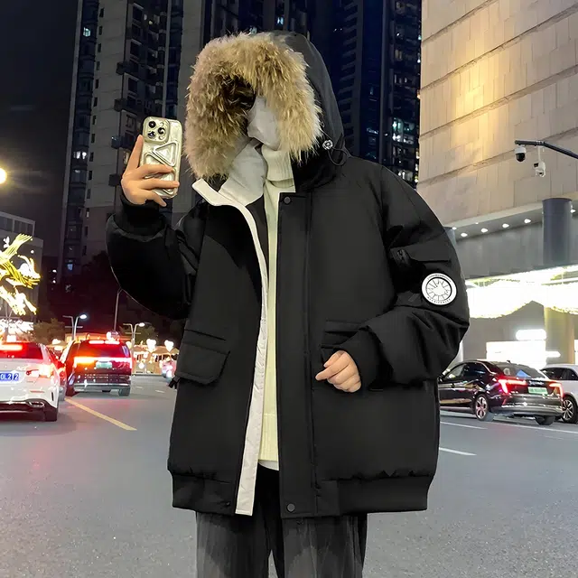 鸭鸭 青少年基础款大口袋设计感户外运动保暖抗寒工装风宽松休闲百搭舒适柔软连帽羽绒服 男女同款