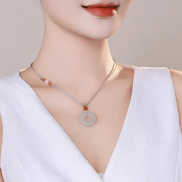 印象眸 玉平安扣 新中式古风经典简约国潮转运双龙护玉吊坠礼品 礼盒包装 和田玉 项链 男女同款情侣款 青白玉