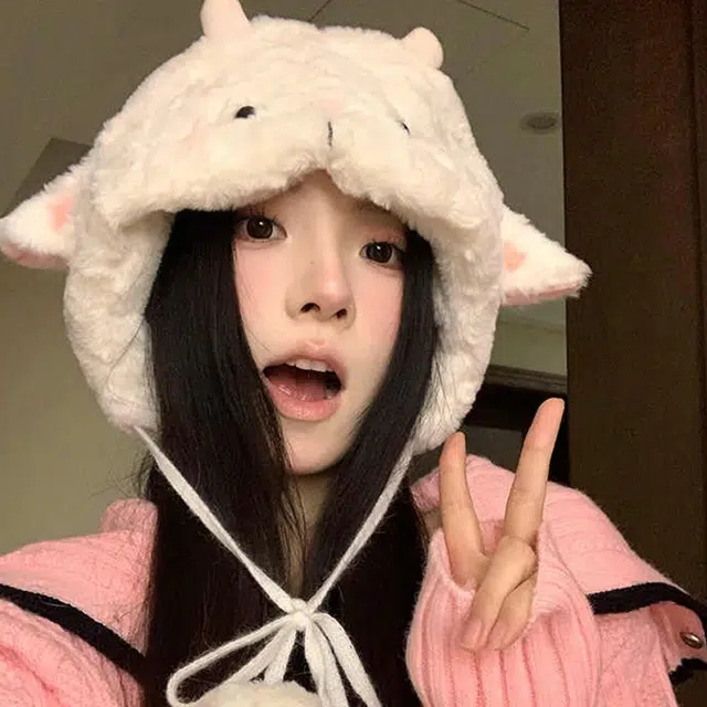 雅鹿 日系可爱小绵羊毛绒雷锋帽冬季保暖加厚甜美百搭学生加绒护耳帽 聚酯纤维 绒线帽 男女同款情侣款 礼盒装
