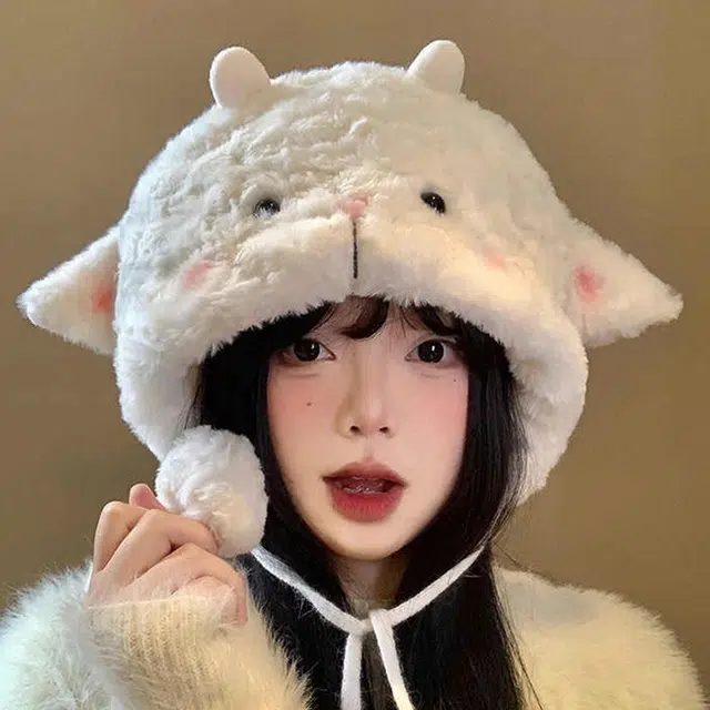 雅鹿 日系可爱小绵羊毛绒雷锋帽冬季保暖加厚甜美百搭学生加绒护耳帽 聚酯纤维 绒线帽 男女同款情侣款 礼盒装