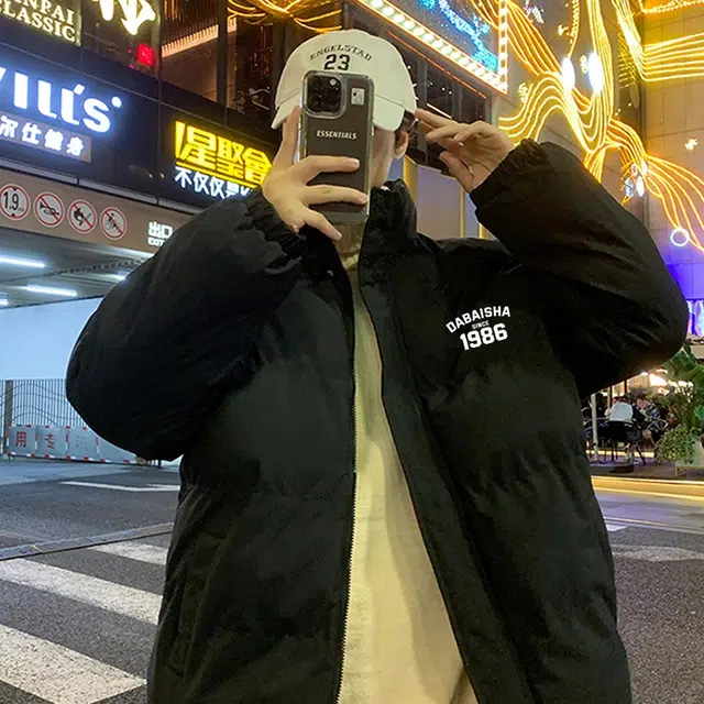 大白鲨 基础款纯色品牌字母印花户外宽松大码立领高街面包服加厚保暖棉服 男女同款