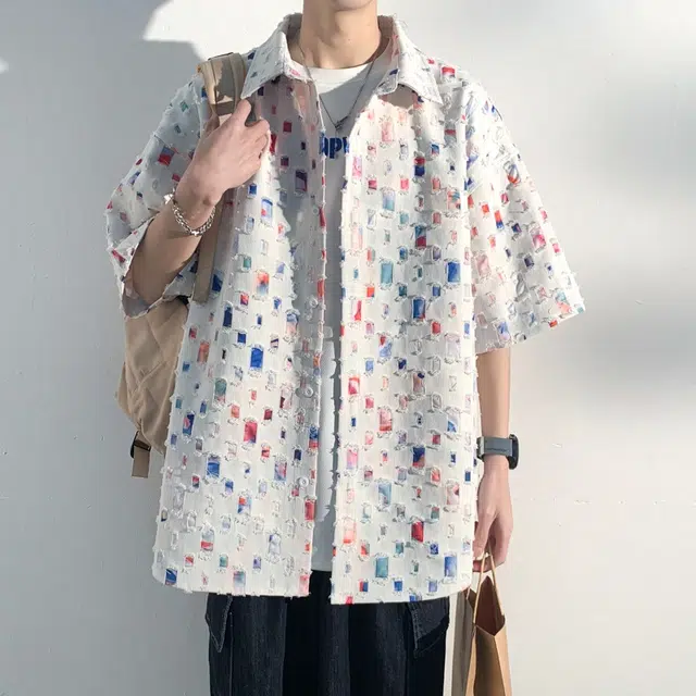 美式复古百搭破洞流苏方格满印宽松落肩尖领短袖衬衫 男女同款