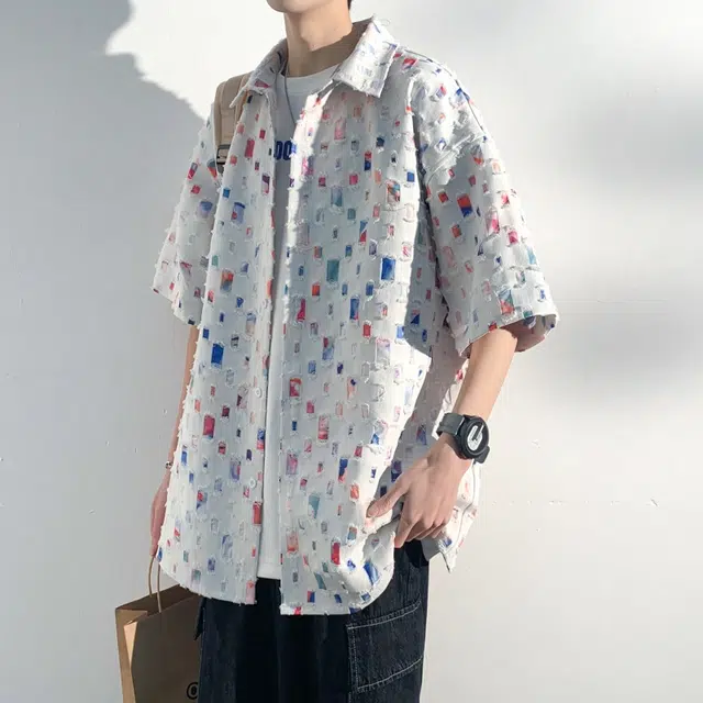 美式复古百搭破洞流苏方格满印宽松落肩尖领短袖衬衫 男女同款