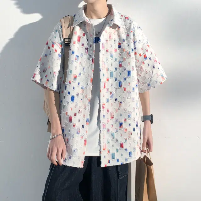 美式复古百搭破洞流苏方格满印宽松落肩尖领短袖衬衫 男女同款