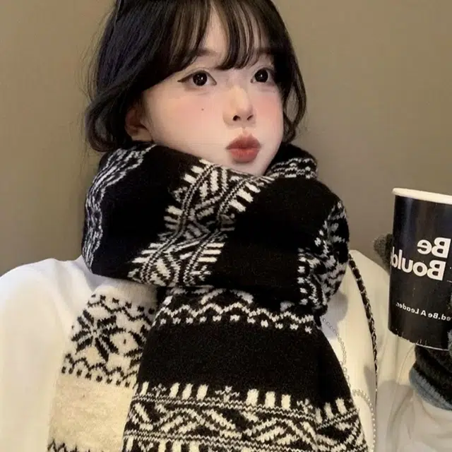 北极绒 费尔岛风复古雪花双面秋冬防寒保暖加厚 绒线围巾 男女同款情侣款