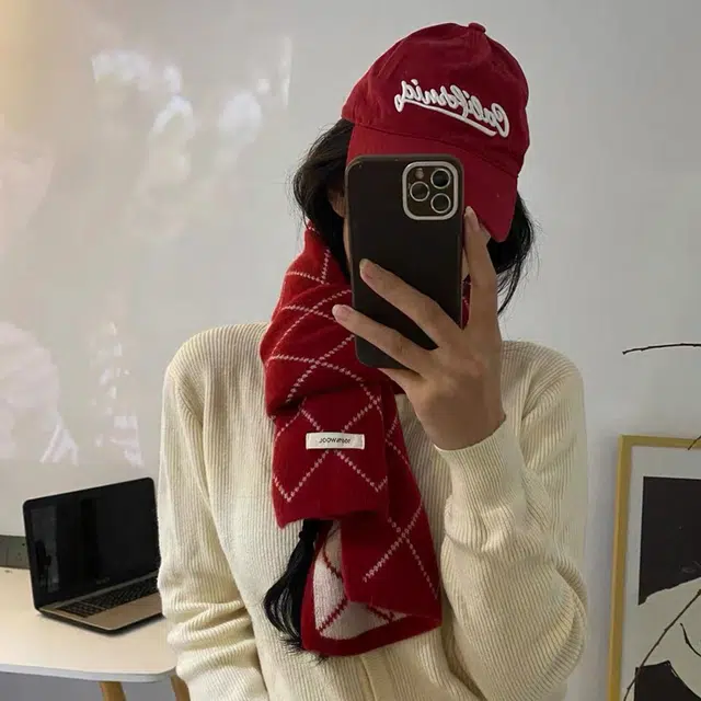 梦特娇 韩版双面菱形格子保暖百搭氛围感 羊毛 绒线围巾 男女同款情侣款