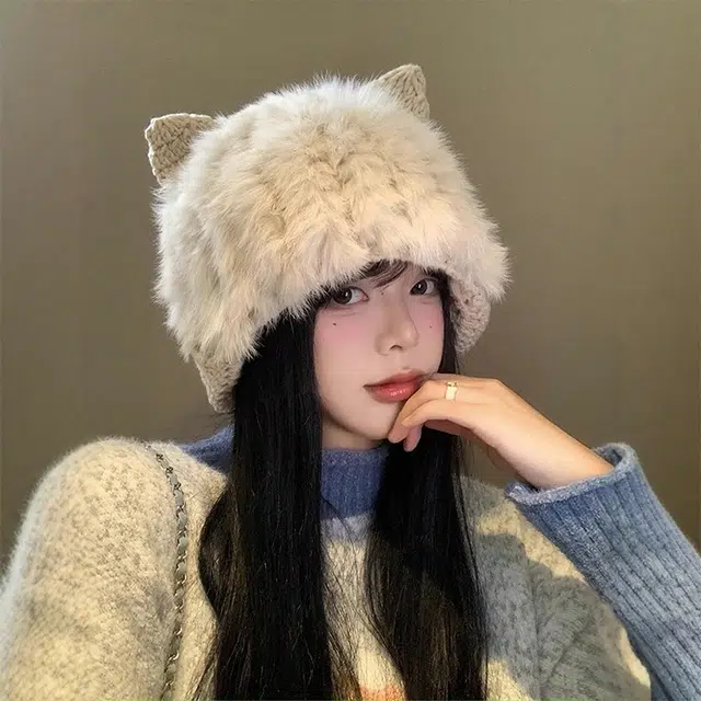 雅鹿 日系可爱猫耳朵毛绒兔毛针织套头帽秋冬季保暖加厚学生百搭加绒护耳 聚酯纤维 绒线帽 男女同款情侣款 礼盒装