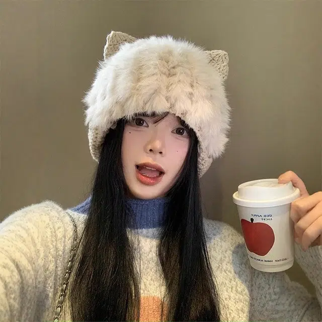 雅鹿 日系可爱猫耳朵毛绒兔毛针织套头帽秋冬季保暖加厚学生百搭加绒护耳 聚酯纤维 绒线帽 男女同款情侣款 礼盒装