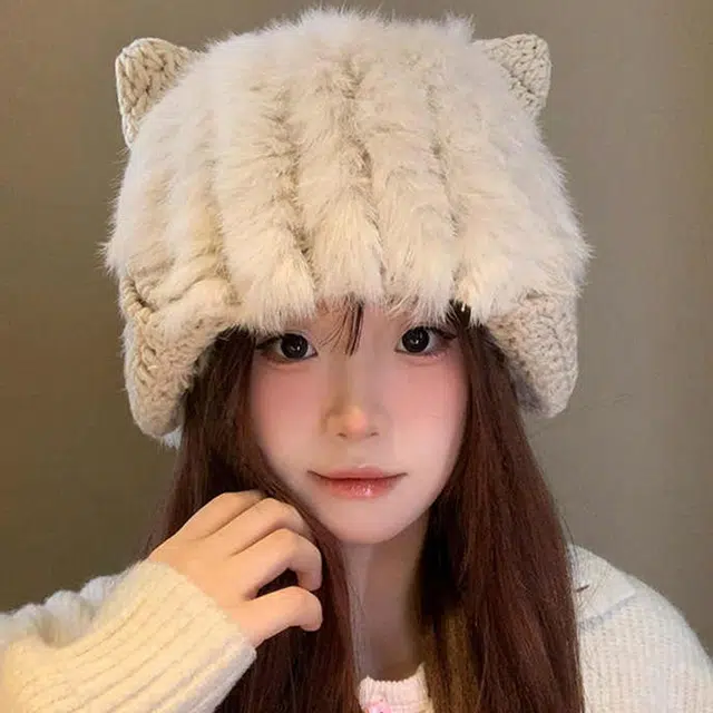 雅鹿 日系可爱猫耳朵毛绒兔毛针织套头帽秋冬季保暖加厚学生百搭加绒护耳 聚酯纤维 绒线帽 男女同款情侣款 礼盒装