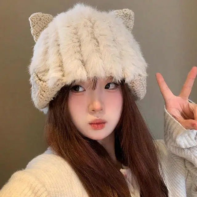雅鹿 日系可爱猫耳朵毛绒兔毛针织套头帽秋冬季保暖加厚学生百搭加绒护耳 聚酯纤维 绒线帽 男女同款情侣款 礼盒装