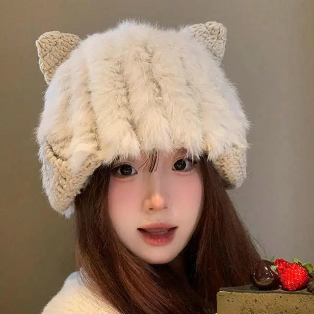 雅鹿 日系可爱猫耳朵毛绒兔毛针织套头帽秋冬季保暖加厚学生百搭加绒护耳 聚酯纤维 绒线帽 男女同款情侣款 礼盒装