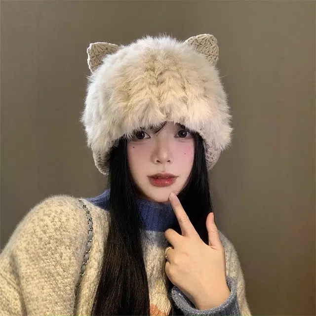 雅鹿 日系可爱猫耳朵毛绒兔毛针织套头帽秋冬季保暖加厚学生百搭加绒护耳 聚酯纤维 绒线帽 男女同款情侣款 礼盒装