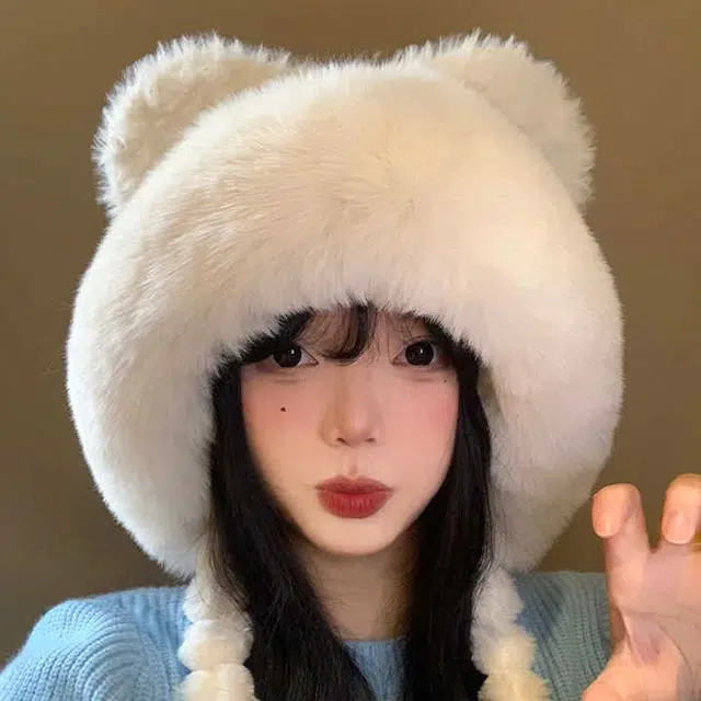 雅鹿 可爱毛绒小熊帽冬季保暖防寒东北护耳加厚学生百搭显脸小 聚酯纤维 绒线帽 男女同款情侣款