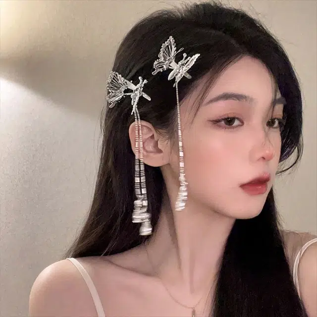 零界 机械金属蝴蝶流苏抓夹可动未来感浪漫侧边后脑勺刘海边夹 合金 发夹 女款