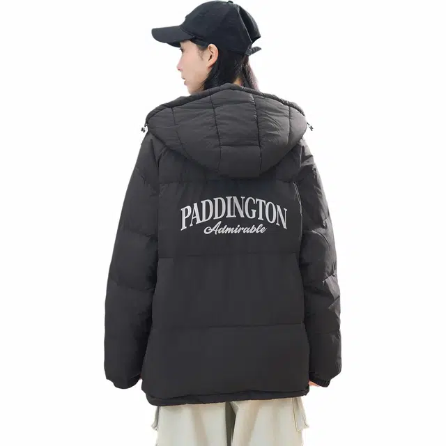 帕丁顿熊 简约字母印花纯色宽松休闲面包服连帽防风防寒外套保暖加厚羽绒服 男女同款
