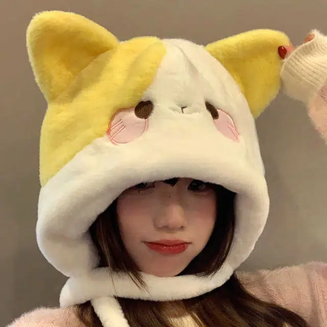 【动物世界】 雅鹿 可爱卡通小猫毛绒雷锋帽冬季加厚保暖学生百搭甜美可爱显脸小护耳帽 聚酯纤维 绒线帽 男女同款情侣款 礼盒装
