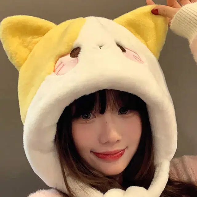 【动物世界】 雅鹿 可爱卡通小猫毛绒雷锋帽冬季加厚保暖学生百搭甜美可爱显脸小护耳帽 聚酯纤维 绒线帽 男女同款情侣款 礼盒装