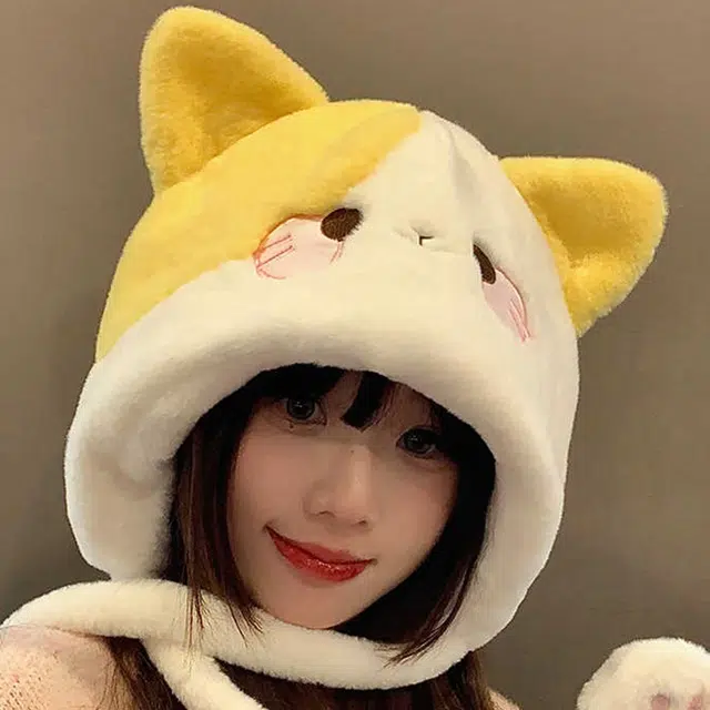 【动物世界】 雅鹿 可爱卡通小猫毛绒雷锋帽冬季加厚保暖学生百搭甜美可爱显脸小护耳帽 聚酯纤维 绒线帽 男女同款情侣款 礼盒装