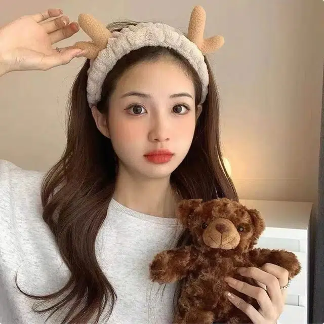 零界 呦呦小鹿高弹毛绒鹿角呆萌可爱日常化妆洗脸敷面膜头饰 涤纶 发带 男女同款情侣款