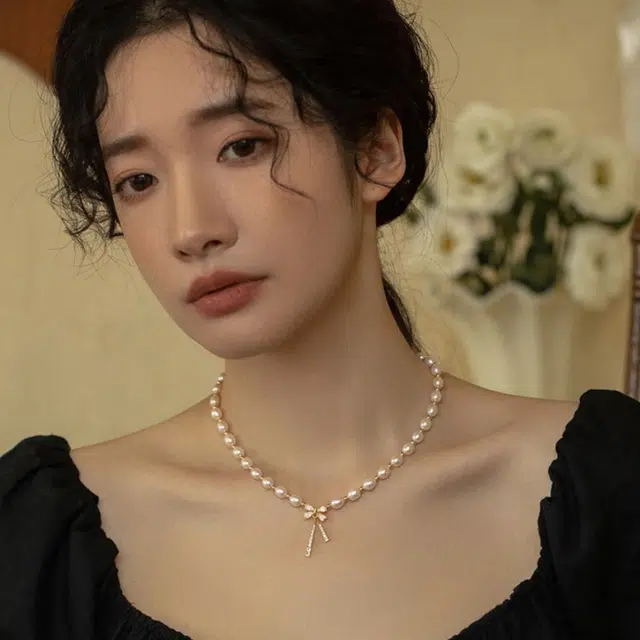 贝诗珠宝 甜美蝴蝶结珍珠锁骨链法式小众轻奢高级感甜美百搭闺蜜款显白显年轻 淡水珍珠 项链 女款