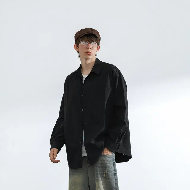 简约纯色基础款日常通勤休闲宽松长袖衬衫 男女同款