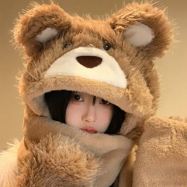 浪莎 冬季防寒卡通可爱毛绒小熊帽子围巾一体女生保暖围脖手套加绒三件套 涤纶 绒线帽 女款