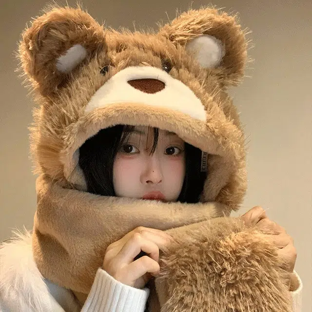 浪莎 冬季防寒卡通可爱毛绒小熊帽子围巾一体女生保暖围脖手套加绒三件套 涤纶 绒线帽 女款