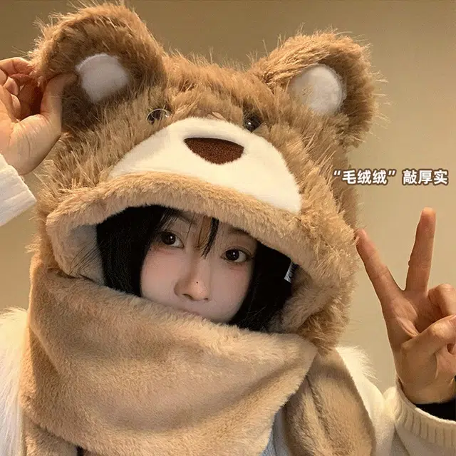 浪莎 冬季防寒卡通可爱毛绒小熊帽子围巾一体女生保暖围脖手套加绒三件套 涤纶 绒线帽 女款