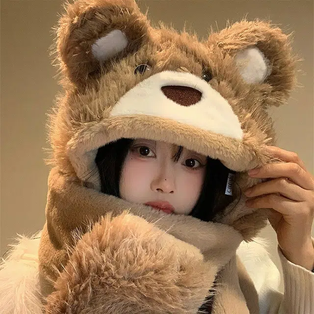 浪莎 冬季防寒卡通可爱毛绒小熊帽子围巾一体女生保暖围脖手套加绒三件套 涤纶 绒线帽 女款