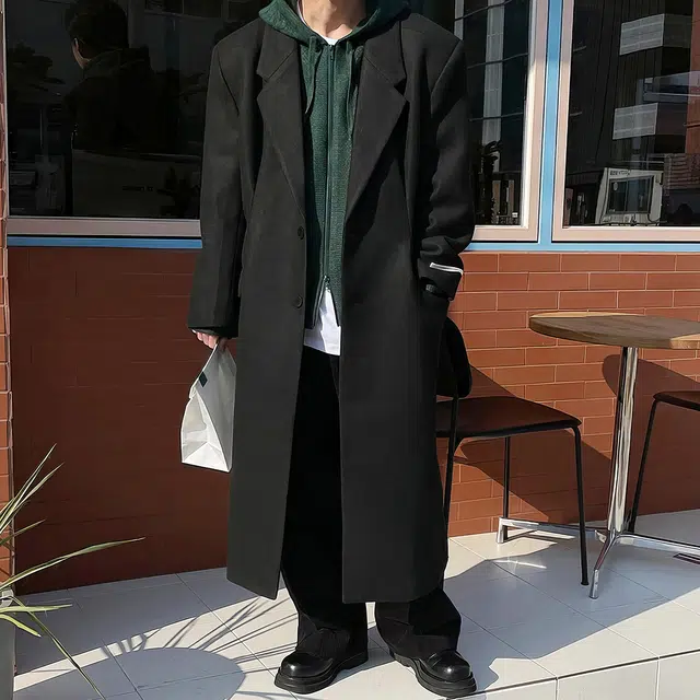 西装领单排扣毛呢长款过膝风衣外套大衣 男女同款