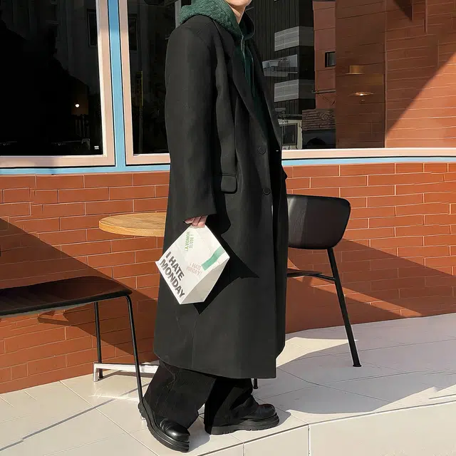 西装领单排扣毛呢长款过膝风衣外套大衣 男女同款