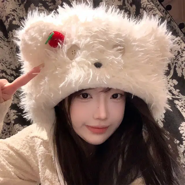 浪莎 可爱樱桃纽扣小熊毛绒帽冬季显脸小护耳帽加厚防寒保暖 涤纶 绒线帽 女款