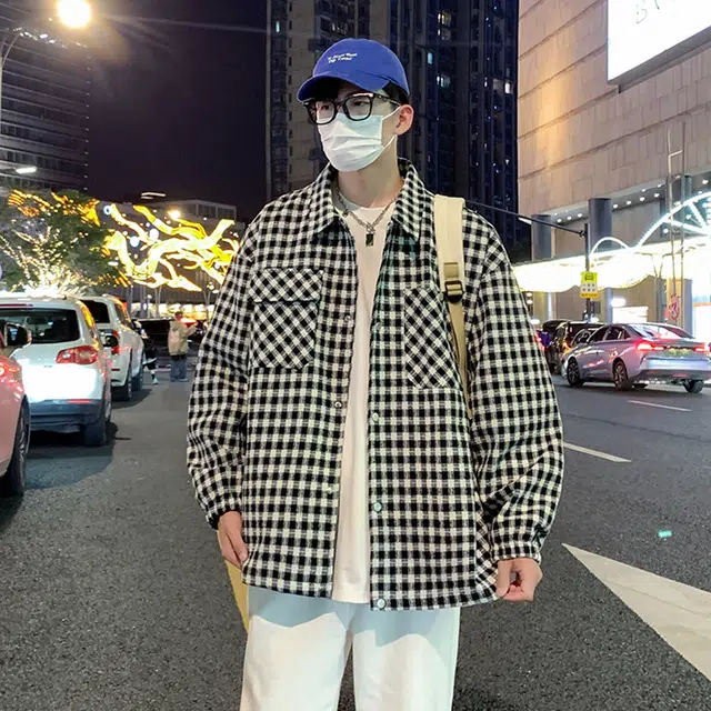 小格子翻领休闲宽松外套上衣夹克 男女同款