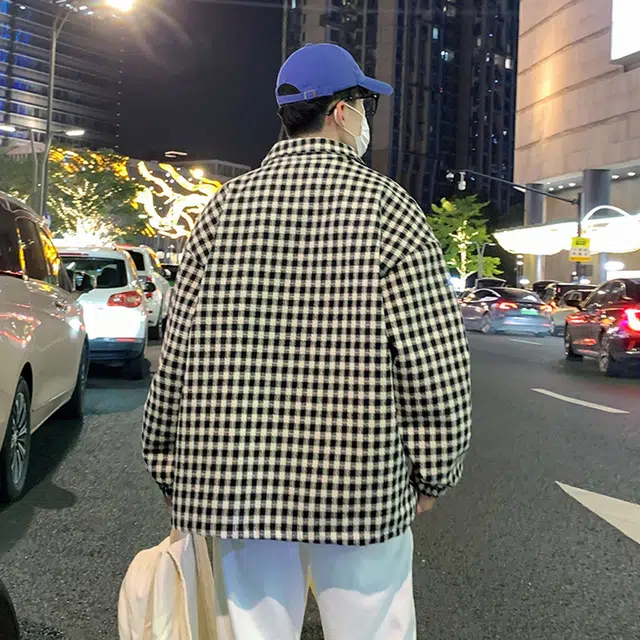 小格子翻领休闲宽松外套上衣夹克 男女同款